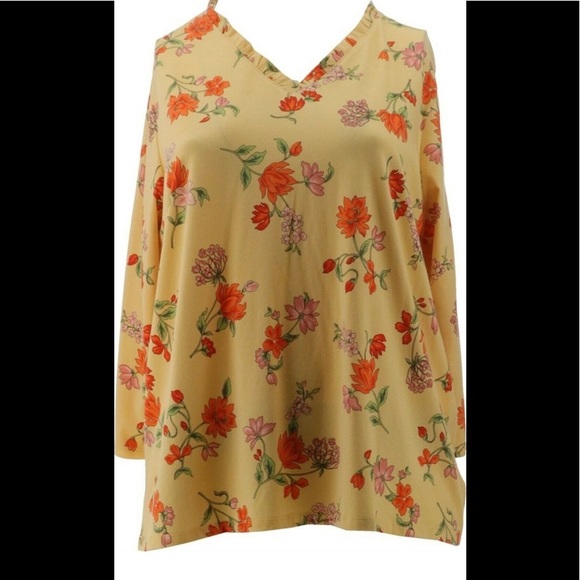 Lands' End Tops - Lands' End 3/4 Ruffle V-Neck Zesty Orange Pre Floral
